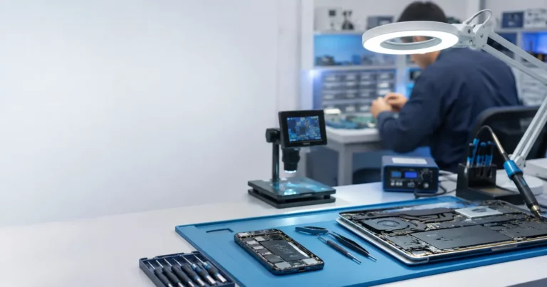 Atelier de formation en réparation de téléphone et ordinateur avec smartphone ouvert, ordinateur démonté et outils de précision